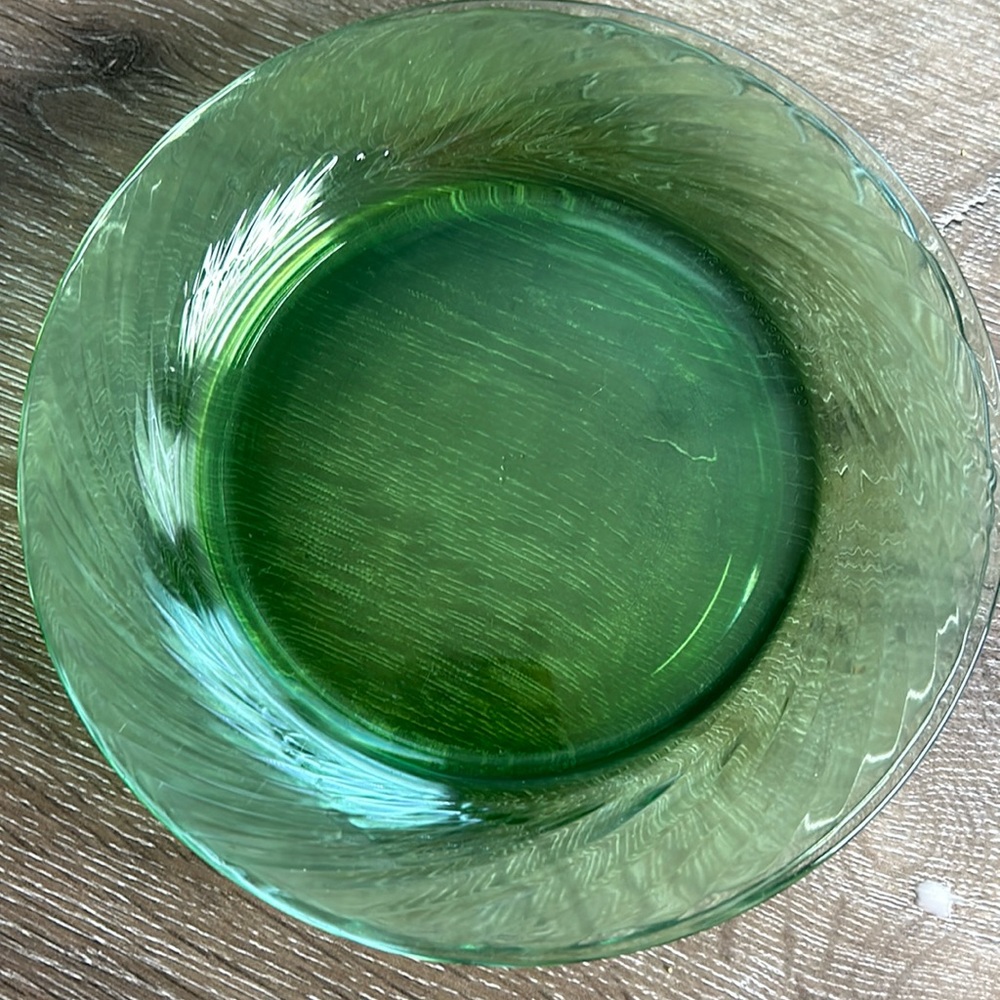 Vintage Pyrex spring green festiva salad dessert plate swirl rim, 3 plates.